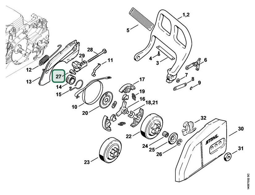 Schema tecnico STIHL 018 C, 018, ricambio 11206641500 evidenziato in posizione 27