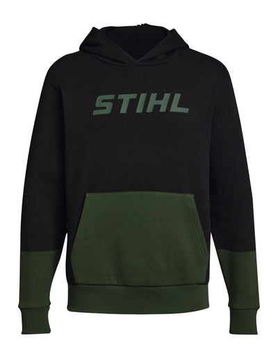 Felpa con cappuccio Stihl bicolore nero e verde con logo Stihl sul petto