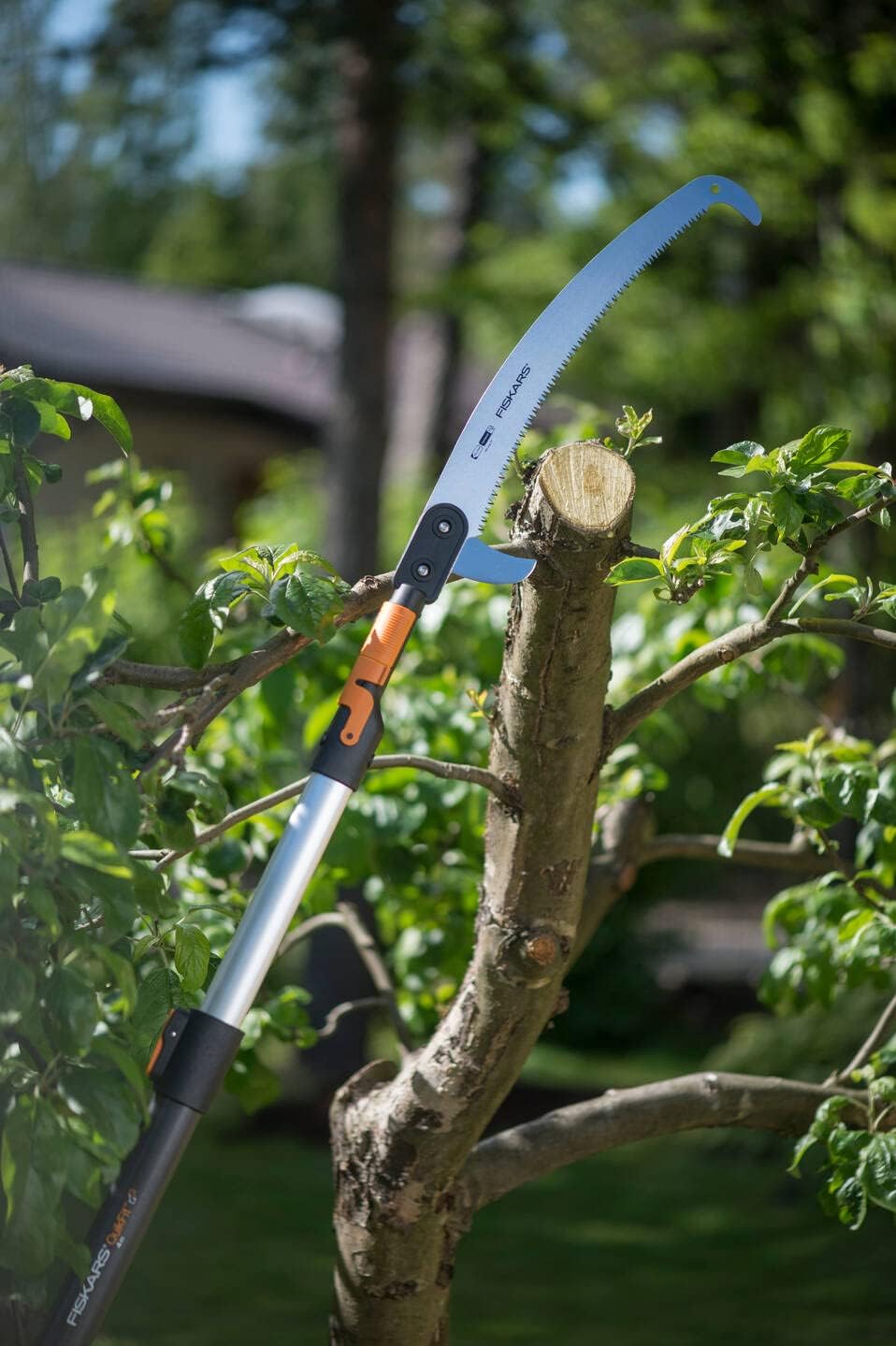Seghetto curvo Fiskars QuikFit montato su asta durante taglio di potatura