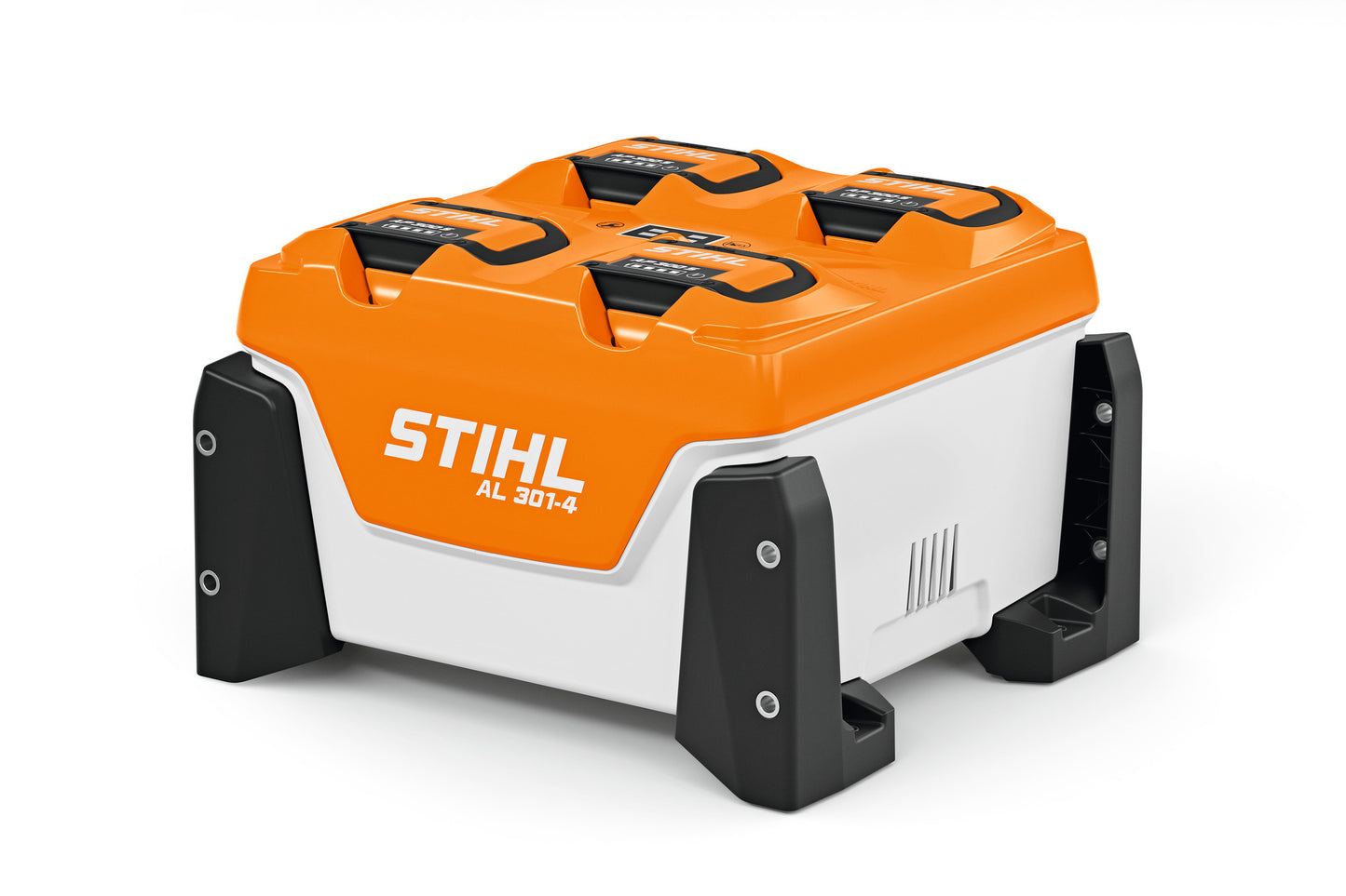 Caricabatterie multiplo STIHL AL 301-4 vista laterale con batterie inserite