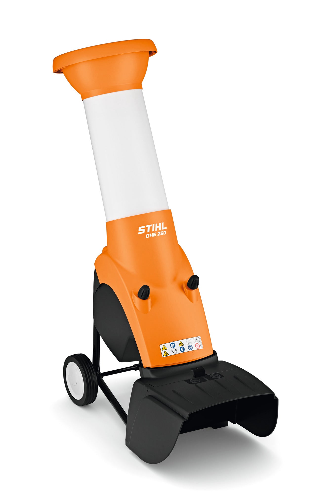 Biotrituratore elettrico STIHL GHE 250 con imbuto di caricamento e telaio su ruote
