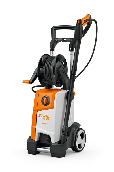 Idropulitrice ad alta pressione STIHL RE 120 PLUS vista laterale con avvolgitubo e lancia