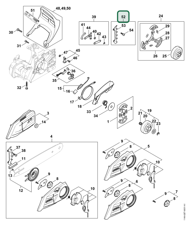 Schema tecnico STIHL MS 172, MS 162, ricambio 11230071006 evidenziato in posizione 52