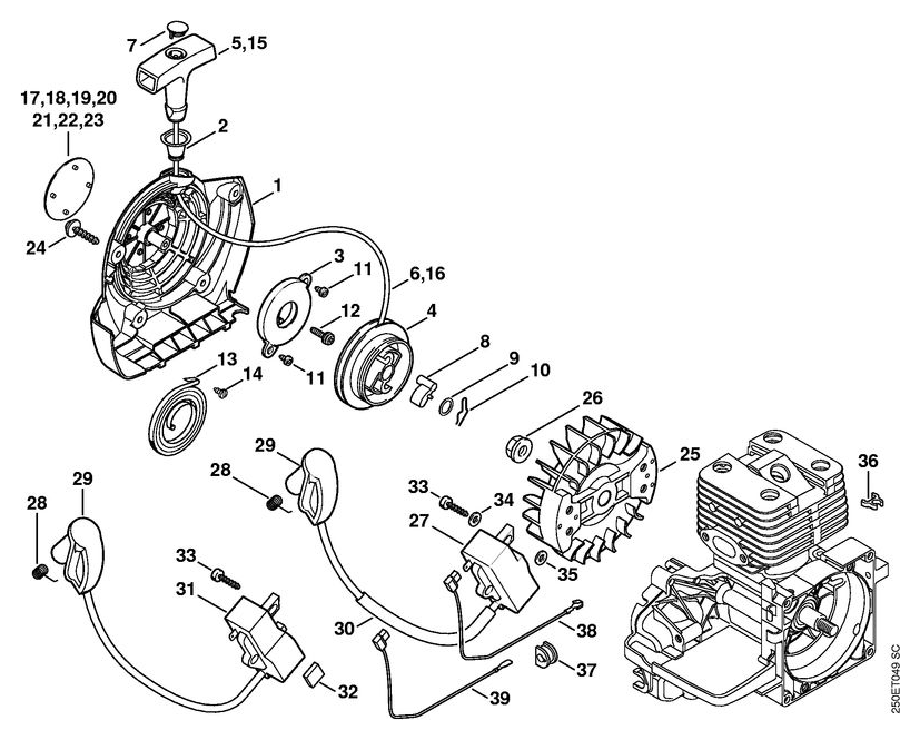 Schema tecnico STIHL FS 120 R, FS 250 R, FS 120, FS 200 R, FS 200, FS 250, tavola di riferimento per 41340802101; ricambio non evidenziato