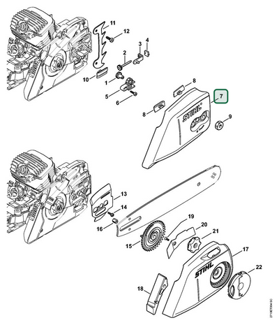 Schema tecnico STIHL MS 271, MS 291, ricambio 11406401700 evidenziato in posizione 7
