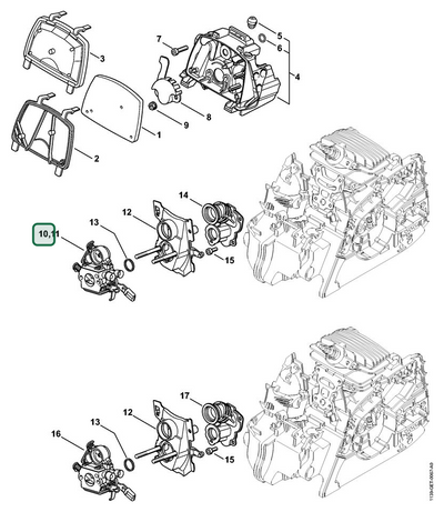 Schema tecnico STIHL MS 171, ricambio 11391200630 evidenziato in posizione 10