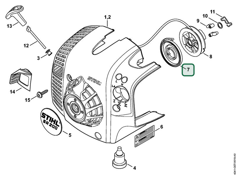 Schema tecnico STIHL SR 200, SR 200-D, ricambio 42371900600 evidenziato in posizione 7