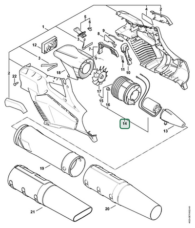 Schema tecnico STIHL BGA 57, ricambio 45236000204 evidenziato in posizione 14