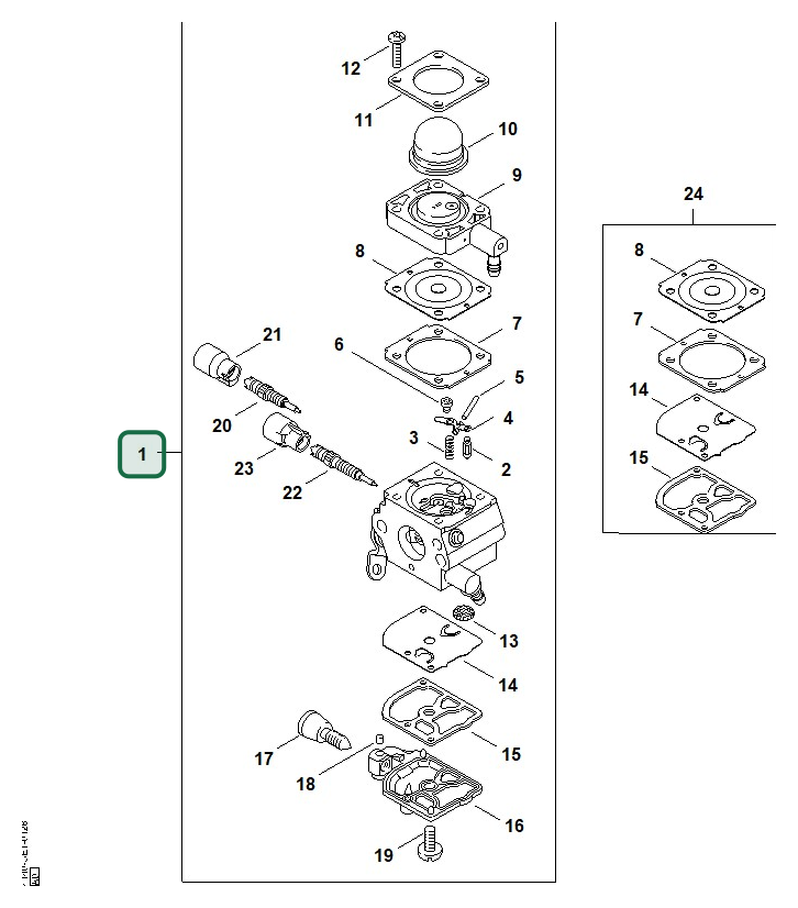 Schema tecnico STIHL FS 38 2-MIX, ricambio 41401200623 evidenziato in posizione 1