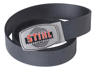 Cintura nera avvolta a spirale, vista obliqua della fibbia grigia con logo STIHL rosso e nero