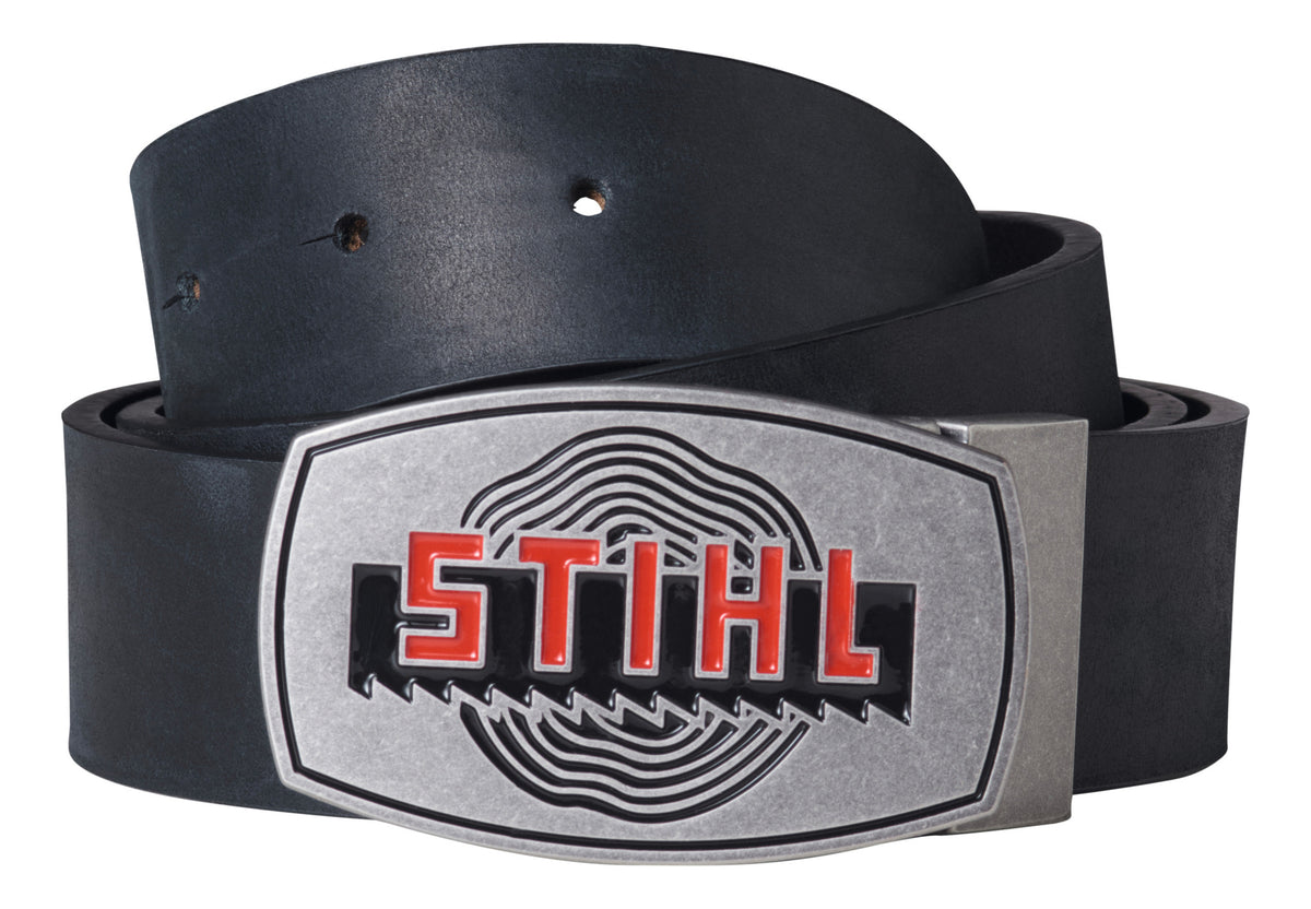 Cintura nera arrotolata con fori di regolazione e fibbia grigia con logo STIHL rosso e nero