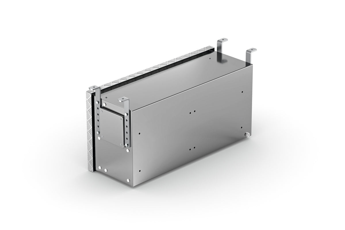 Vista posteriore del box metallico con pannello liscio, fori di fissaggio e staffe superiori