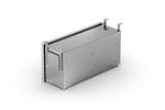 Vista posteriore del box metallico con pannello liscio, fori di fissaggio e staffe superiori