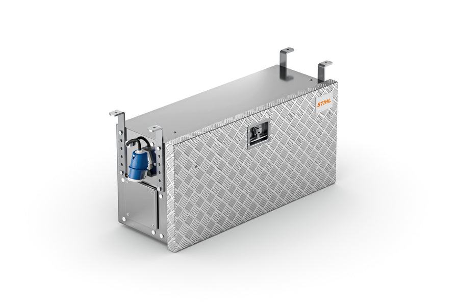 Box metallico chiuso con sportello mandorlato, serratura centrale, connettore blu laterale e staffe superiori