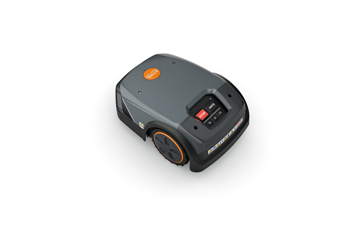 Robot tosaerba Stihl iMOW 4 EVO visto dall'alto con pannello di controllo visibile.