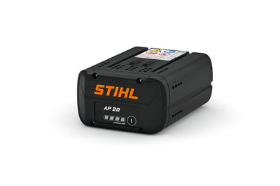 Batteria Stihl AP 20 nera vista dal lato opposto su sfondo bianco