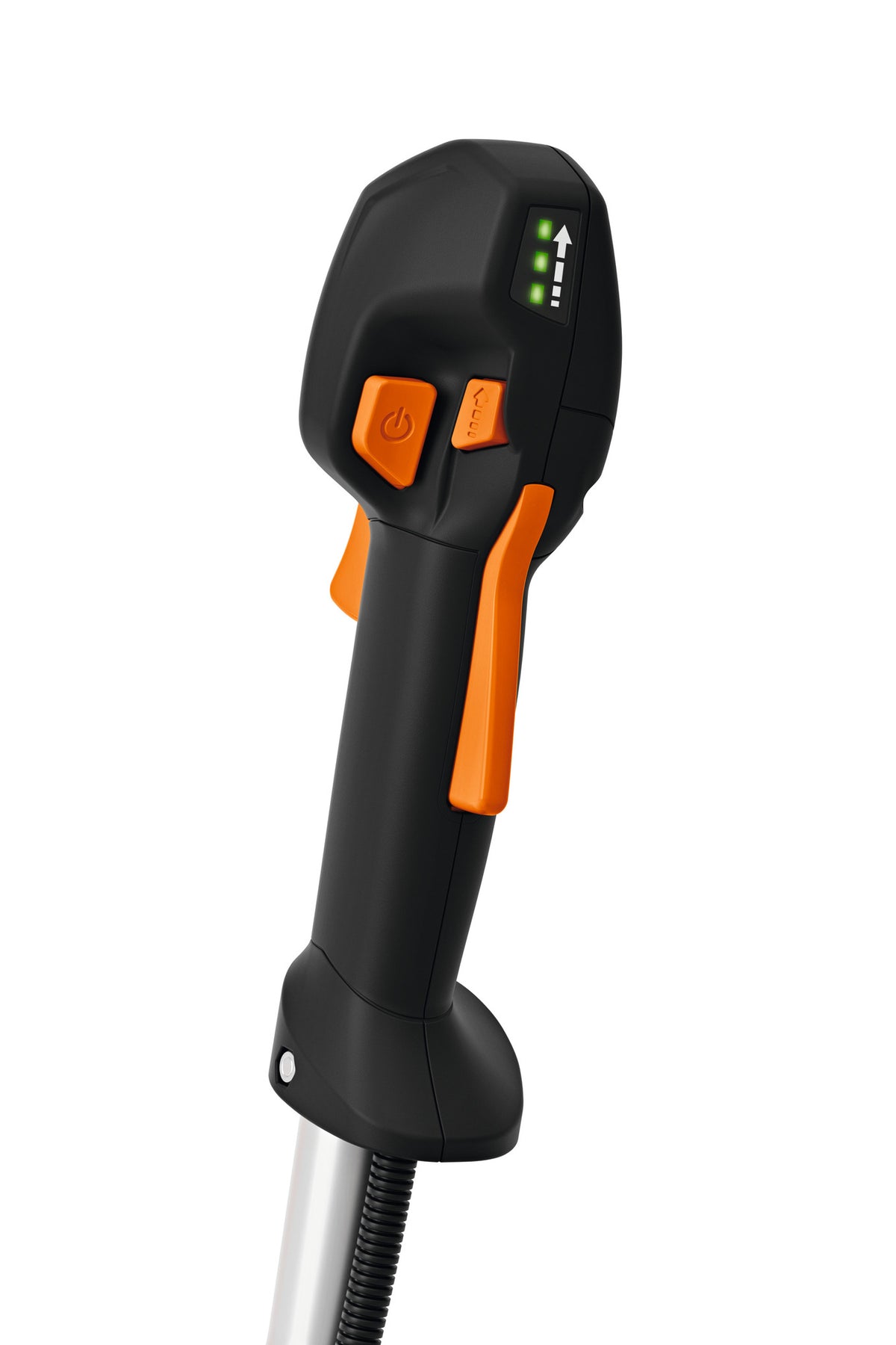 Dettaglio dell'impugnatura di comando con pulsanti e indicatore LED.