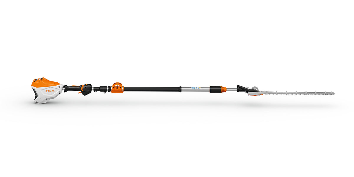 Tagliasiepi a batteria Stihl HLA 150 B visto di lato, con barra di taglio in posizione orizzontale.