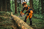 Operatore con motosega STIHL MS 300 C-M durante il taglio di un tronco a terra nel bosco.