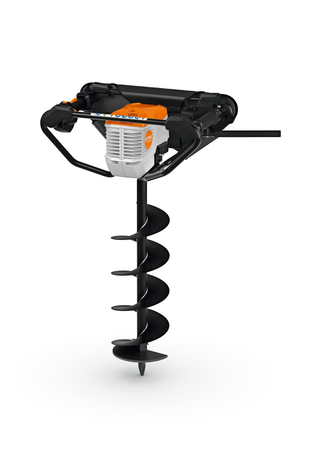 Trivella a batteria Stihl BTA 140 con punta a spirale su sfondo bianco