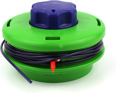 Testina di ricambio per decespugliatore, colore verde con filo di nylon avvolto, ideale per tagliaerba e attrezzi da giardinaggio. Accessorio resistente e facile da installare, compatibile con vari modelli di decespugliatori.