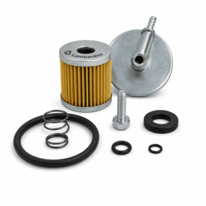 Kit filtro gasolio serbatoio Rehlko-kohler-lombardini con filtro cilindrico a pieghe gialle, disco metallico con tubo, vite, molla e guarnizioni nere di diverse dimensioni.
