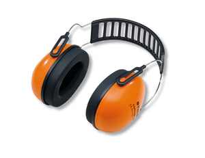 Cuffie di protezione auricolare CONCEPT-28 arancioni e nere con capsule, staffa in metallo e archetto nero.