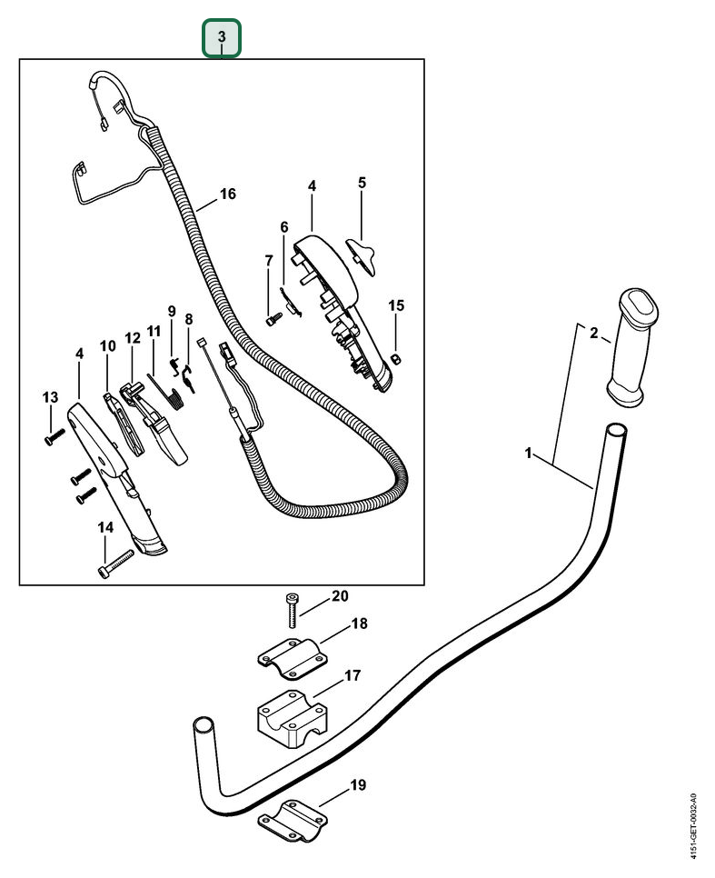 Schema tecnico STIHL KM 235, FS 235, ricambio 41517904902 evidenziato in posizione 3