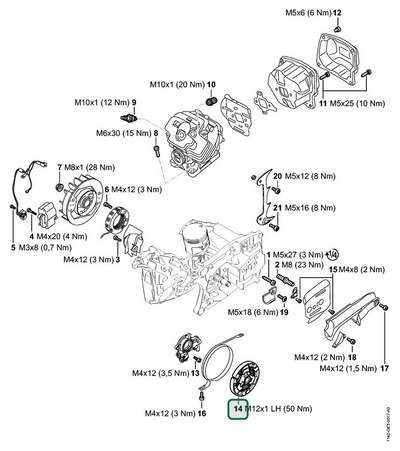 Schema tecnico STIHL MS 462 C-M R Rettungssäge, MS 462 C-M VW, MS 462 C-M, ricambio 11421602000 evidenziato in posizione 14