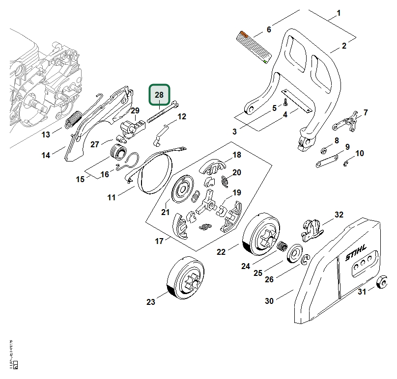Schema tecnico STIHL MS 170-D, MS 170 C-E D, MS 170 2-MIX, MS 170, ricambio 11236641605 evidenziato in posizione 28