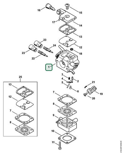 Schema tecnico STIHL FS 120 R 2-MIX, FS 120 2-MIX, ricambio 41341200628 evidenziato in posizione 1