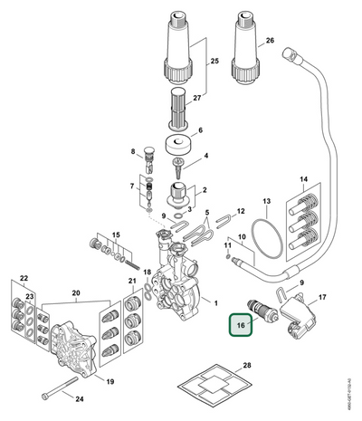 Schema tecnico STIHL RE 140 PLUS, ricambio 49505100304 evidenziato in posizione 16
