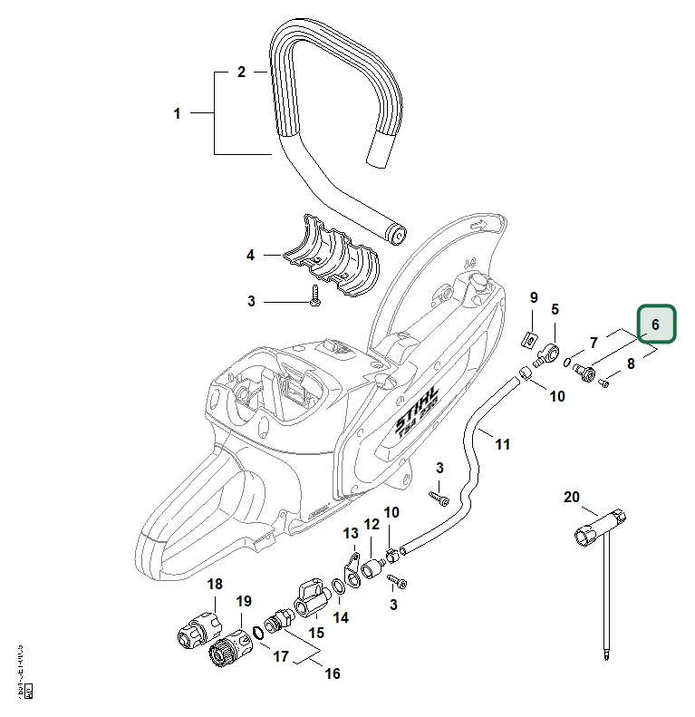Schema tecnico STIHL TSA 230, ricambio 00006700207 evidenziato in posizione 6
