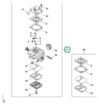 Schema tecnico STIHL MS 170 2-MIX, ricambio 11301200610 evidenziato in posizione 1