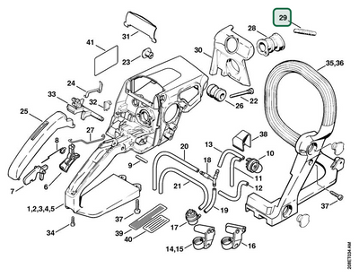 Schema tecnico STIHL MS 210, MS 230 C-B, MS 230 C-BE, MS 230, MS 210 C-BE, ricambio 11231418600 evidenziato in posizione 29