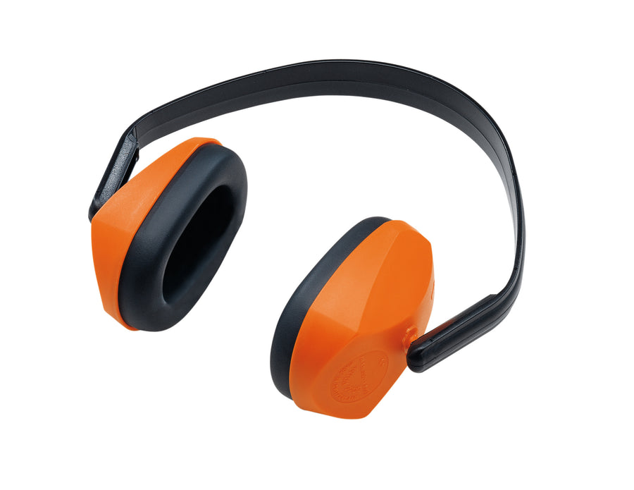 Cuffia auricolare con archetto nero, padiglioni arancioni e cuscinetti neri.