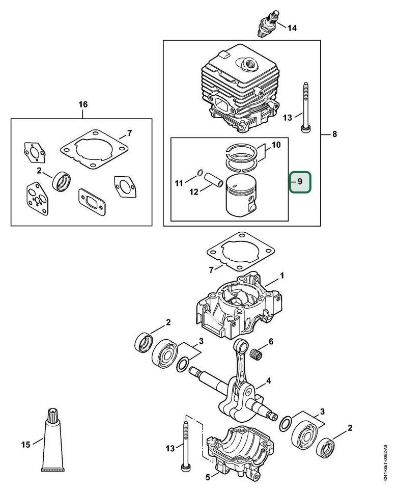 Schema tecnico STIHL BG 86-D, ricambio 42410302001 evidenziato in posizione 9