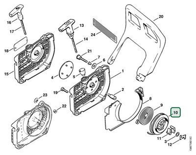 Schema tecnico STIHL 036 WVH, 036, 036 BR, 036 W, 036 Arctic, ricambio 11281950400 evidenziato in posizione 10