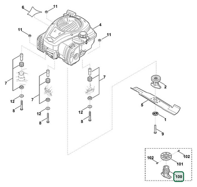 Schema tecnico STIHL MB 448.1 TX, ricambio 61057025021 evidenziato in posizione 100