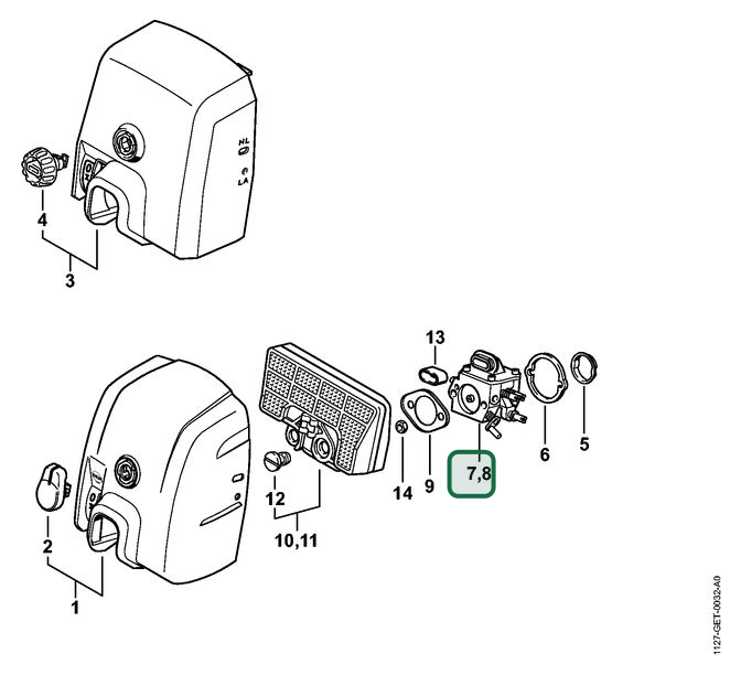 Schema tecnico STIHL MS 390, MS 310, ricambio 11271200650 evidenziato in posizione 7