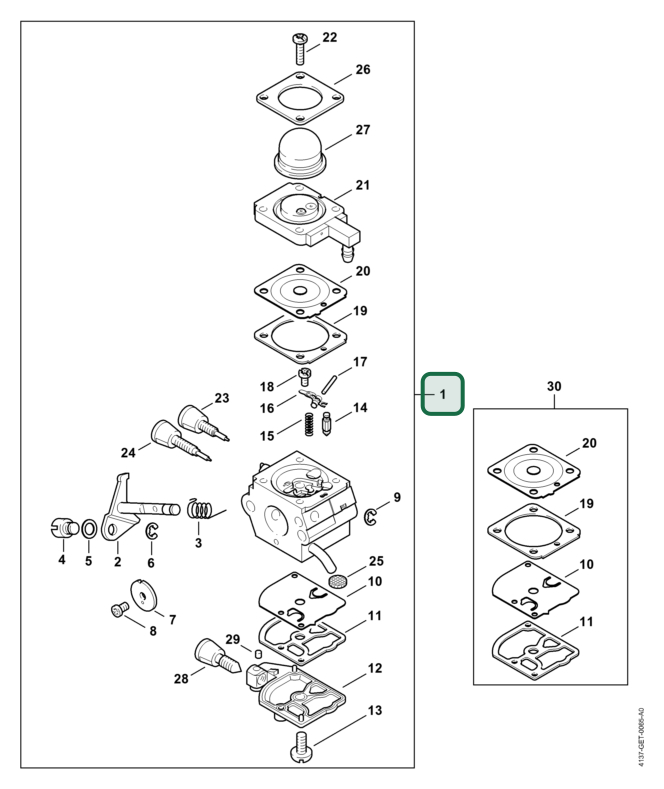Schema tecnico STIHL FS 85, PC 70, HT 70, FS 75, FR 85, KM 85 R, KW 85, FC 85, FR 85 T, FS 80 R 4137, HT 75, ricambio 41371200636 evidenziato in posizione 1