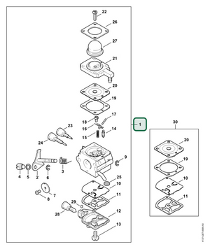 Schema tecnico STIHL FS 85, PC 70, HT 70, FS 75, FR 85, KM 85 R, KW 85, FC 85, FR 85 T, FS 80 R 4137, HT 75, ricambio 41371200636 evidenziato in posizione 1