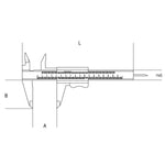 Disegno tecnico di un calibro a corsoio con scale di misurazione. Le dimensioni indicate sono: A per la profondità, B per la larghezza del becco, L per la lunghezza totale e HxS per la misura dell'asta.