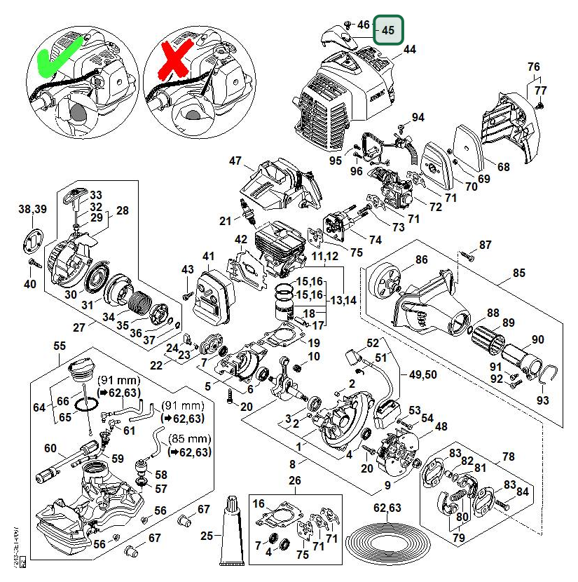 Schema tecnico STIHL HL 92 KC-E, HL 92 C-E, ricambio 41490800401 evidenziato in posizione 45