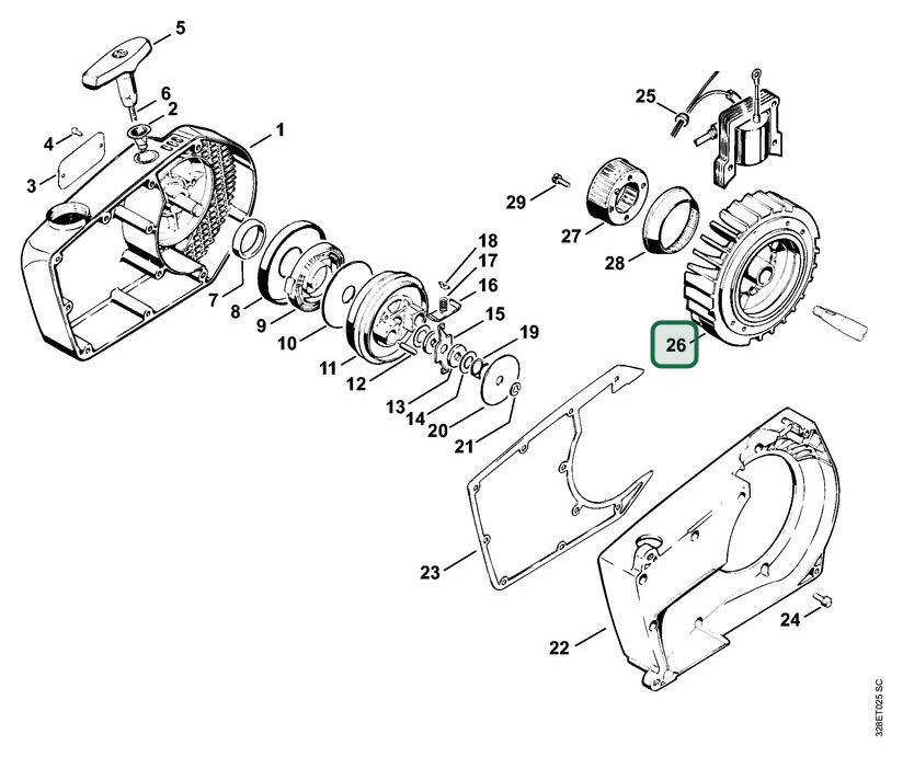 Schema tecnico STIHL 051 Q, 051, ricambio 11114041202 evidenziato in posizione 26