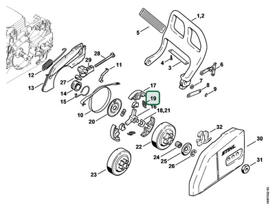 Schema tecnico STIHL 018 C, 018, ricambio 00009975515 evidenziato in posizione 19