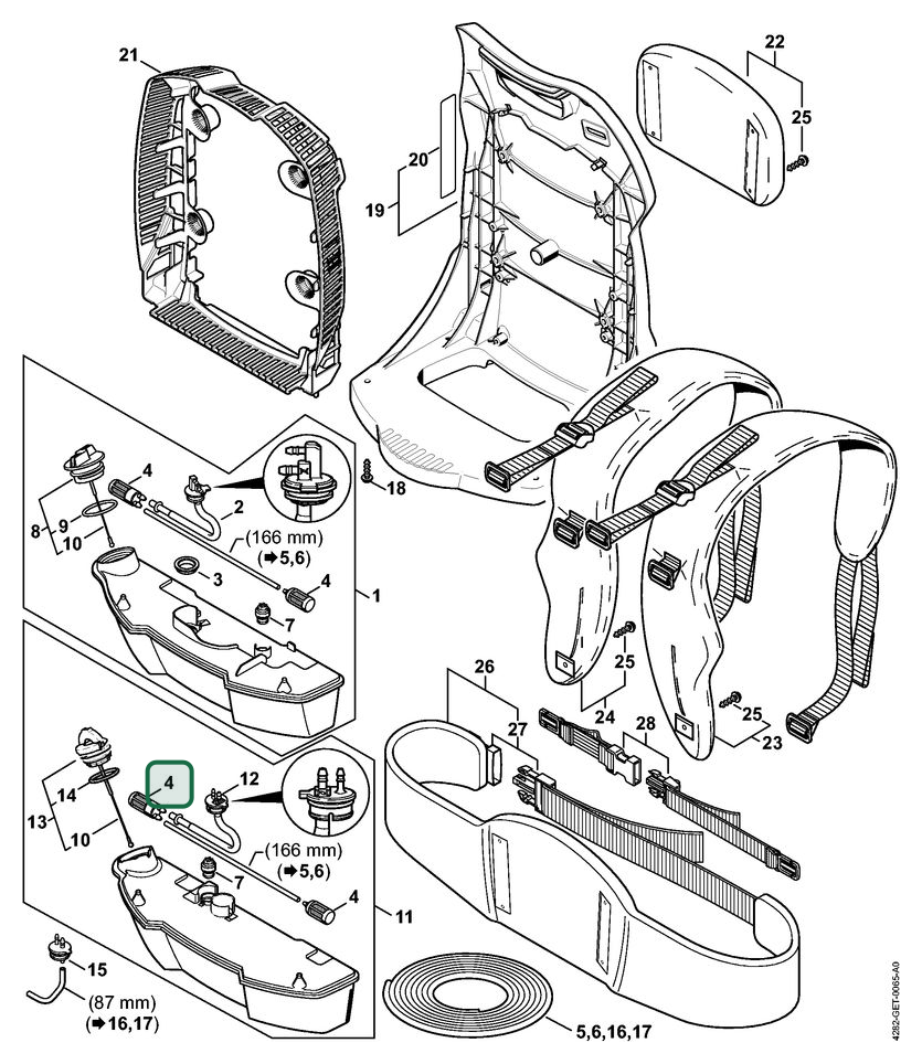 Schema tecnico STIHL BR 550, ricambio 42820073600 evidenziato in posizione 4