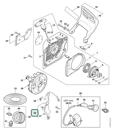 Schema tecnico STIHL MS 400 C-M, ricambio 11404403012 evidenziato in posizione 36