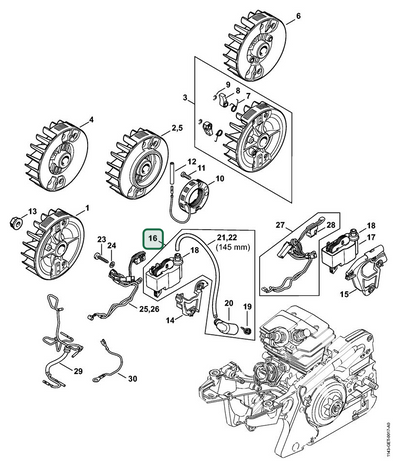 Schema tecnico STIHL MS 241 C-M VW, MS 241 C-M, MS 241 C-BEM, MS 241 C-MQ, ricambio 11434004707 evidenziato in posizione 16