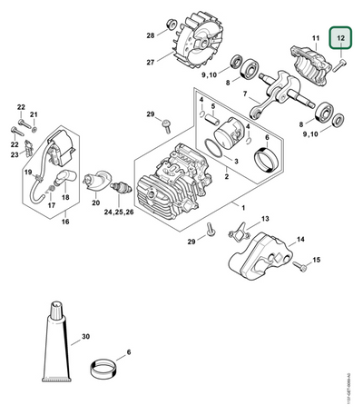 Schema tecnico STIHL MS 194 T, MS 194 TC-E, ricambio 90754784136 evidenziato in posizione 12